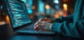 Close-up of programmer coding on laptop. Person types code. Concept of digital tech, data science, AI business, machine learning, Royalty Free Stock Photo