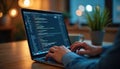 Close up programmer coding on laptop, software development concept. Web design, programming code depicted on screen. Application Royalty Free Stock Photo