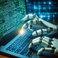 close up programmer robot hand typing computer language