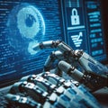 close up programmer robot hand typing computer language