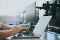 Close-up programmer's hands are working on computer. Modern IT technologies Royalty Free Stock Photo
