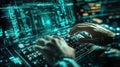 Programmer developing innovative cybersecurity software on futuristic laptop