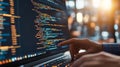 Close-Up Programmers Hands Navigating Lines of Code on Laptop, Software Development Concept