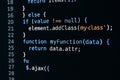 Close-up of programming code snippet on computer screen highlighting javascript function and jquery syntax for web development Royalty Free Stock Photo