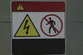 close-up: Prohibition No Pedestrian Sign No Walking and caution risk of electric shosk sign with black lightning