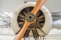 Close-up of propeller and engine of an antique aircraft
