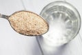 Close-up of psyllium or isabgol husk in a spoon on a glass of water, close-up, right above Royalty Free Stock Photo