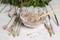 Close-up of psyllium superfood in a transparent plate with a wooden spoon against the background of plantain stems . The