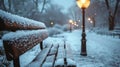 Close-Up of a Public Bench and Lamp Post Encrusted with Frost, Abandoned Park in the Background, Emphasizing the Royalty Free Stock Photo