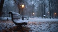 Close-Up of a Public Bench and Lamp Post Encrusted with Frost, Abandoned Park in the Background, Emphasizing the Royalty Free Stock Photo