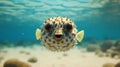close up puffer fish on the beautiful blue seabed