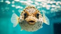 Close-up of a Pufferfish swimming in an aquarium. Generative AI