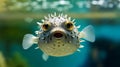 Close-up of a Pufferfish swimming in an aquarium. Generative AI