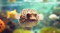 Close-up of a Pufferfish swimming in an aquarium. Generative AI