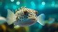 Close-up of a Pufferfish swimming in an aquarium. Generative AI