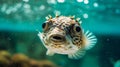 Close-up of a Pufferfish swimming in an aquarium. Generative AI