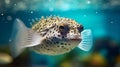 Close-up of a Pufferfish swimming in an aquarium. Generative AI