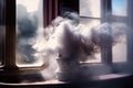 close-up of the puffs of smoke, with a blurred view of the window beyond
