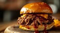 A close up of a pulled pork sandwich on top of a wooden board, AI Royalty Free Stock Photo