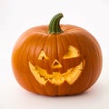 Close-up of a pumpkin with a carved face on a white background. Generative AI