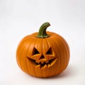 Close-up of a pumpkin with a carved face on a white background. Generative AI