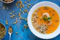 close-up pumpkin soup with prawns, pumpkin seeds whole and broken and decorated with dill Royalty Free Stock Photo