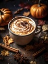 A close-up of a pumpkin spice latte with cinnamon and nutmeg sprinkled on top, generative AI