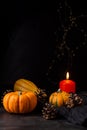 Close-up of pumpkins for halloween and burning orange candle, selective focus, on dark wooden table, black background and lights Royalty Free Stock Photo