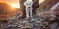 A close-up of a puppy paws next to its owner shoes, capturing the excitement of exploration , concept of Playfulness