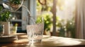 Close-up of purified fresh water pouring from bottle on living room table, Ai Generated