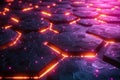 Close up of a purple and black hexagonal pattern with a bright orange glow. The image has a futuristic and abstract feel to it,