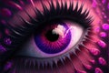 a close up of a purple eye with purple and pink decorations on it\'s irise and eyelashes, with a pink background and purpl