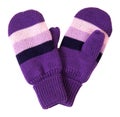 Close-up of purple knitted mittens isolated on white background Royalty Free Stock Photo