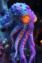 A close up of a purple octopus with orange eyes, AI