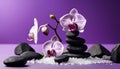 Close up of purple orchids with basalt stones on purple colored background