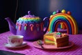 close-up of a purple teapot with a slice of rainbow cake and a toy on the table