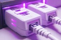 Close up of purple and white ethernet plugs symbolizing secure data transmission fast connectivity and advanced networking infr