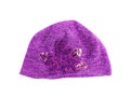 Purple winter hat with flower patterns isolated on white background and clipping path Royalty Free Stock Photo