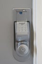 Close-up push-button lock of entrance doors. The security code combination to unlock the door