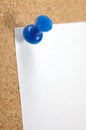 Close up of pushpin with blank note on corkboard