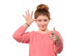 Close up puzzled teen girl asking, gesturing are you crazy, out of your mind Royalty Free Stock Photo