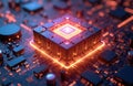 Close-up of quantum computer processor, glowing cube on circuit board. Computing, future tech background. Central processing