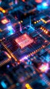 Close up of qubits in a quantum processor with holographic information displays in modern setting