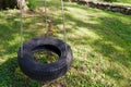 Close up of quiet tire swing in a grassy yard Royalty Free Stock Photo