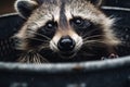 Close up of raccon in garbage bin