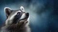 Close-up of a raccoon, showing detailed fur and expressive eyes, set against a dark blue background. With copy space