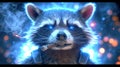 A close up of a raccoon smoking and wearing blue eyes, AI
