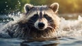 Close up of raccoon swimming in water, with splashes visible around it, set against natural background. Ideal for