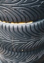 Close up of Racing car tires storage. Storage of tires in a row Royalty Free Stock Photo