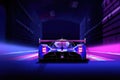Close up of a racing cars shiny carbon fibre bodywork with sponsor logos. Speed drive concept. AI generation